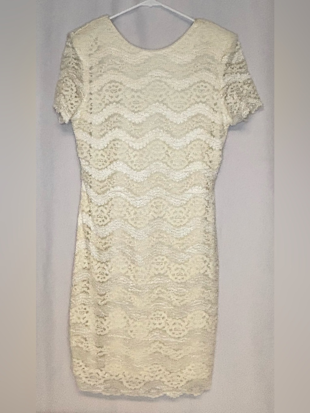 Vintage 90s WNY Ivory Chevron Lace Sheath Dress 14P Coquette Wedding Cocktail